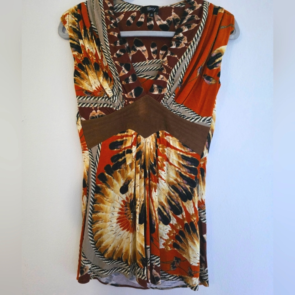 Sky Orange Bohemian‎ Sleeveless Shirt With Faux Leather Accent Empire Waist